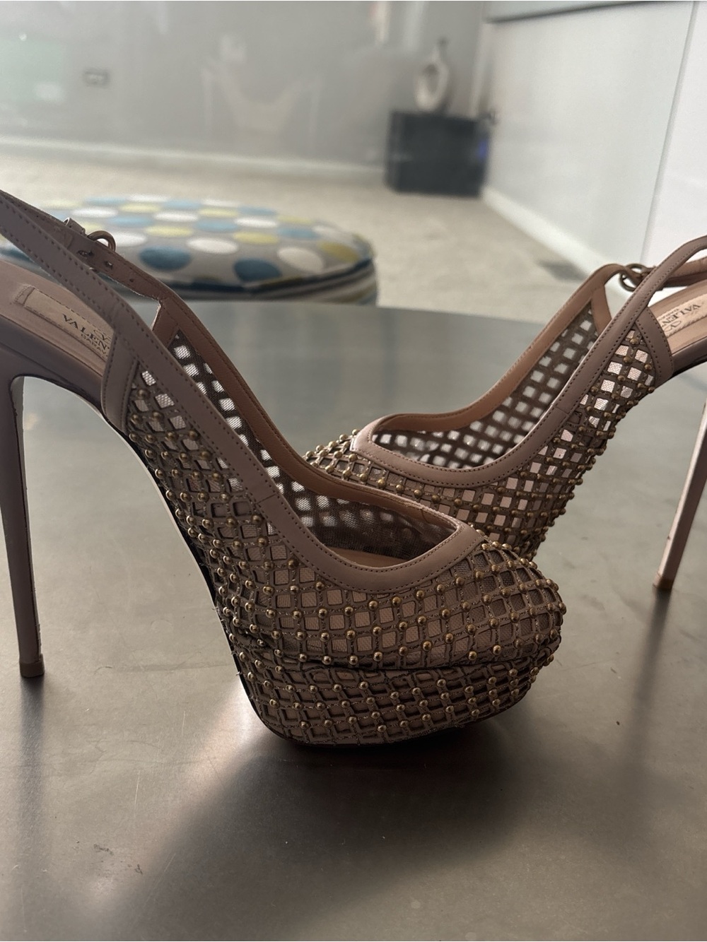 Valentino Taupe Mesh Crystal-Embellished Platform Pumps